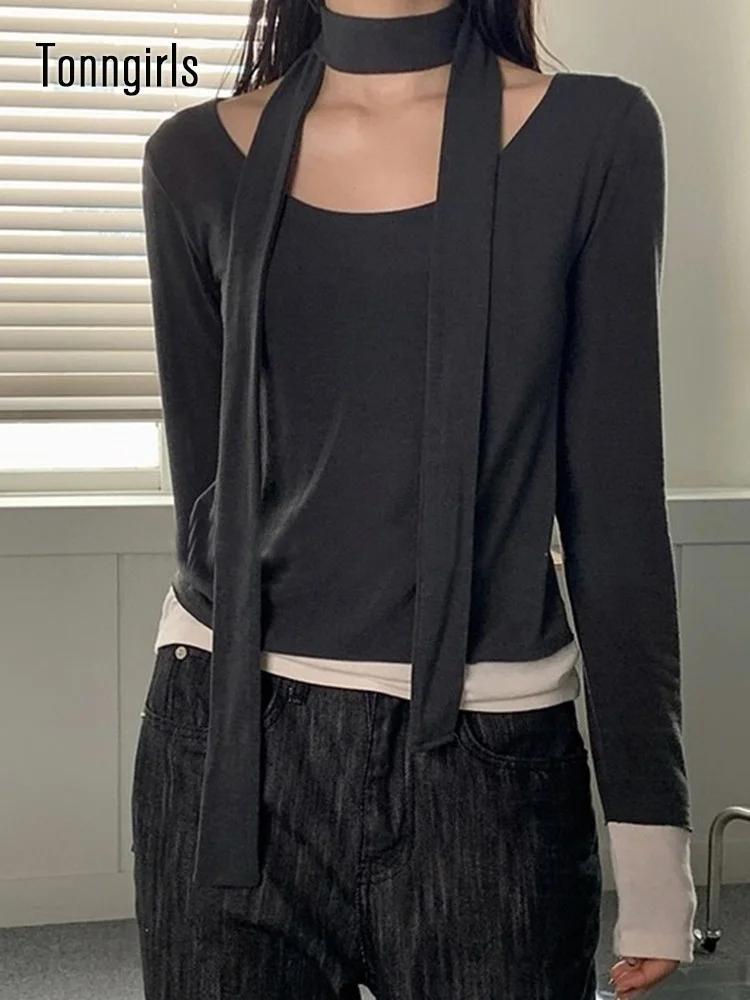 

Женская Винтажная футболка с шарфом, в стиле гранж, составного кроя