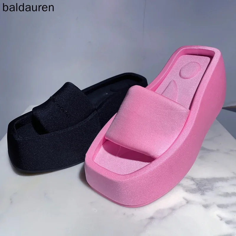 

Baldauren New Platform Women Slippers Summer Square Toe Brand Satin Sandals WomenSexy High Heels Shoes Beach Sandals