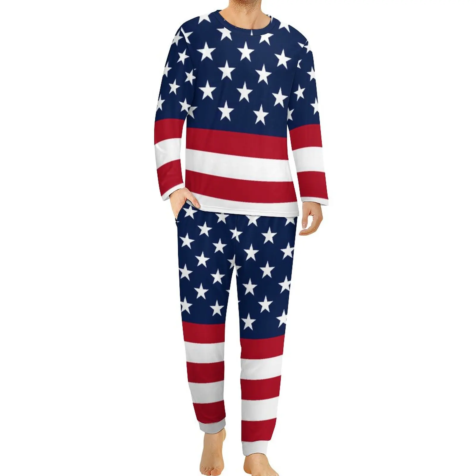 

American Flag Patriotic Pajamas Stars and Stripes Mens Long Sleeve Cute Pajama Sets 2 Piece Bedroom Spring Graphic Nightwear