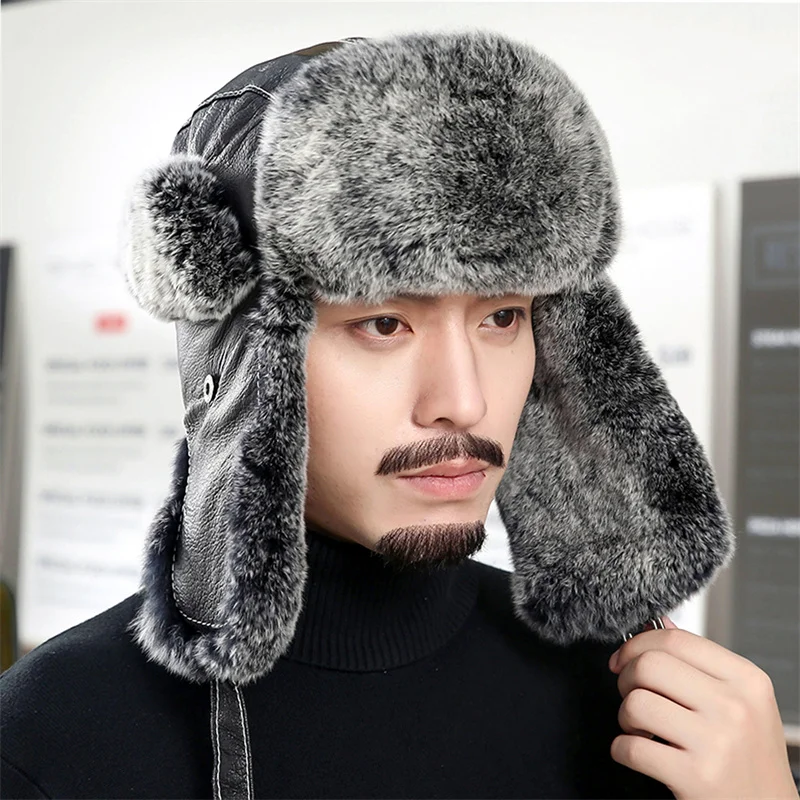 2023 Winter Men's 100% Real Rex Rabbit Fur Bomber Hat Ushanka Cap Trapper Russian Man Ski Hats Caps Real Sheepskin Leather