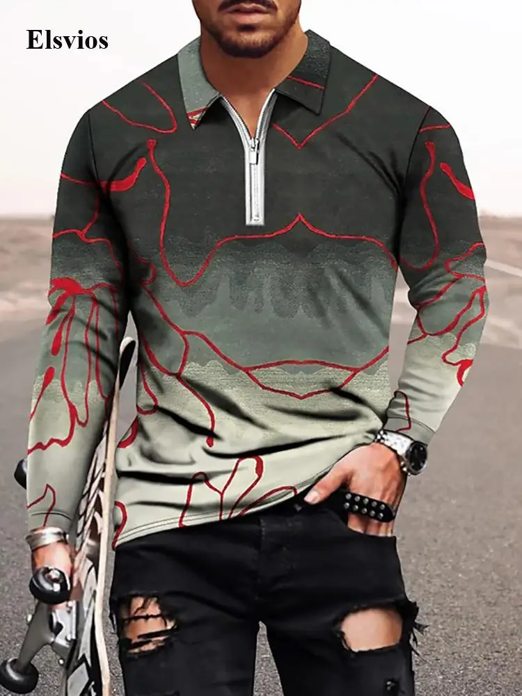 

Casual Harajuku Print Mens Pullover Fashion Turn-down Collar Zip Men Polo Shirts Autumn Spring Long Sleeve Shirt Tops Streetwear