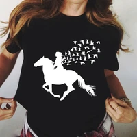 woman riding a horse and birds graphic tee women clothing vintage streetwear short sleeve harajuku y2k aesthetic t shirts cloth