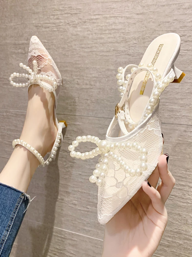 

High Heel Sandal for Women Female Shoe Buckle Med High-heeled Girls Pearl Pointed 2022 Beige Closed Stiletto Laces Comfort Clear