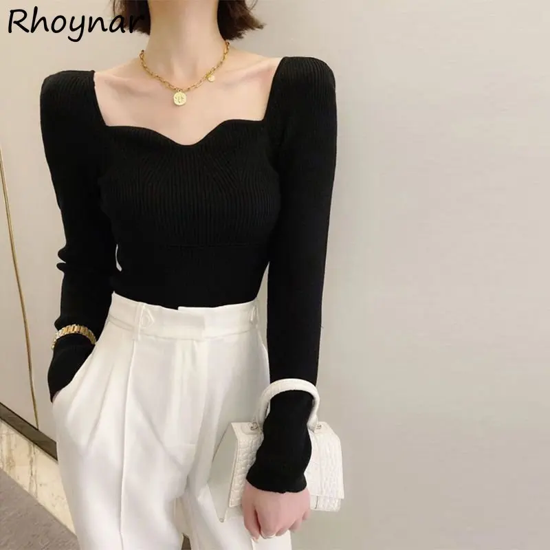 

Pullovers Women Elegant Square Collar Chic Ulzzang Slim Ladies Simple Solid All-match Inside Retro Style Knitting Basic Clothes