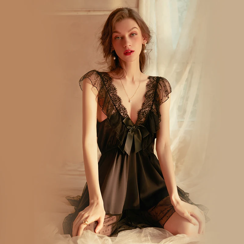 Tonlinker Sexy Women Nightgown Temptation Lace Ruffles Night Dress See Through Deep V Beauty Back Suspender Homewear Sleepwear