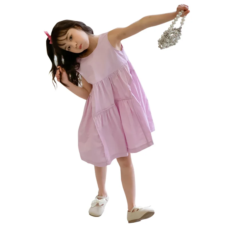 2024 корейское летнее платье для школьниц без рукавов повседневное однотонное
