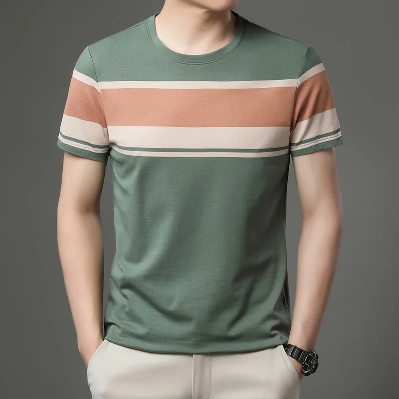 

2022 Summer Wide Striped Men's T-shirts Luxury Round Collar Round Collar Thin Male T-shirts Fashion Cotton Simple Man Tees 3XL