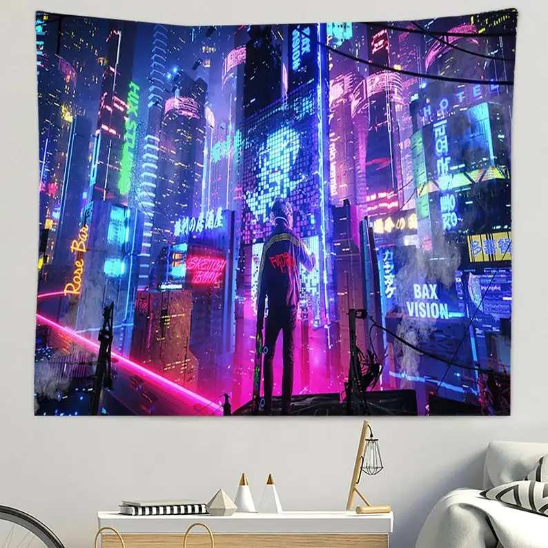 

City Nightscape Tapestry Wall HangingCyberpunk Night City TapestryModern Art Wall Hanging Backdrop ClothFantasy TapestryBedroom