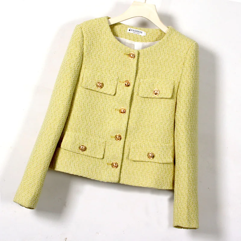 

Autumn Winter French Women Single Breasted Brand Luxury Tweed Jacket Elegant Yellow Button Design Loose Coat Top Casaco Outwear
