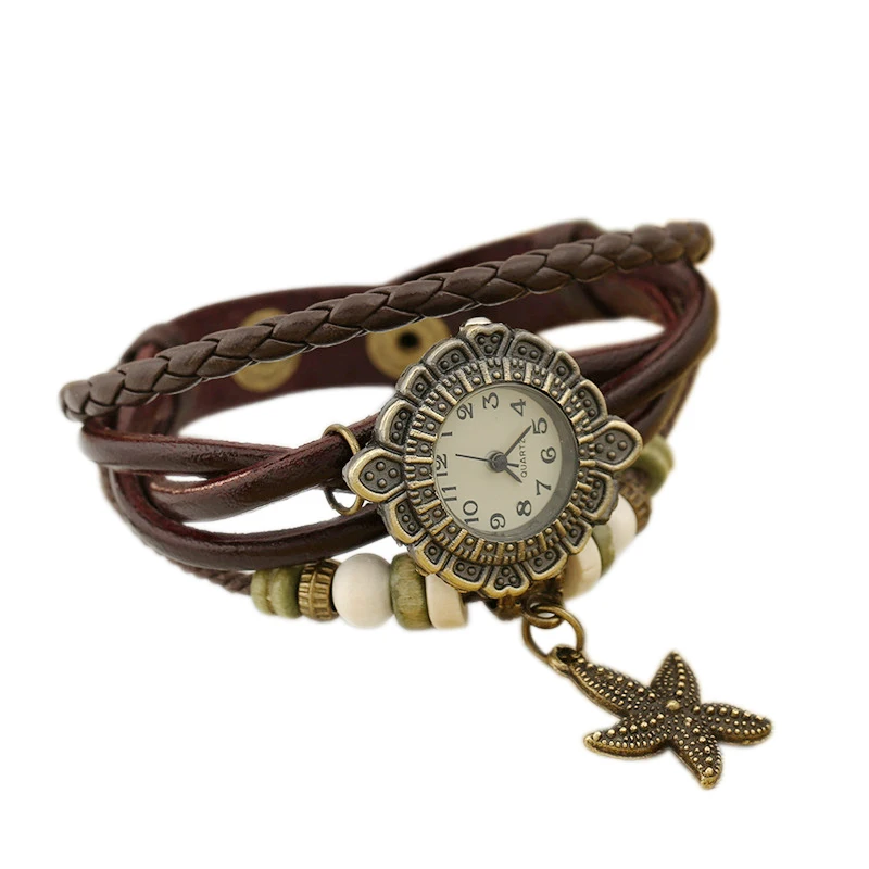 New Women Vintage Genuine Leather Strap Watches Alloy Starfish Bracelet Women Dress Watch Punk Style Women Quartz Wristwatch