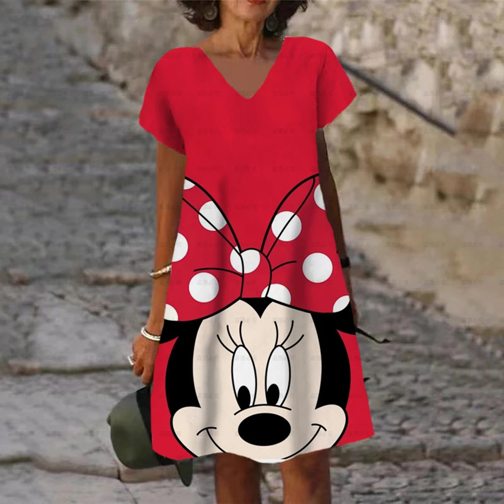 

Women's short-sleeved V-neck Disney Minnie and Mickey Mouse printed dress 2023 summer new loose medium length dress Women's fash