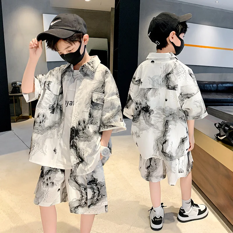 

New Summer Teen Boys Shirt+Shorts Suits Cotton Graffiti Printing Outfits Kids Casual 2pcs Sets School Boys Clothes 4 6 8 10 12Y