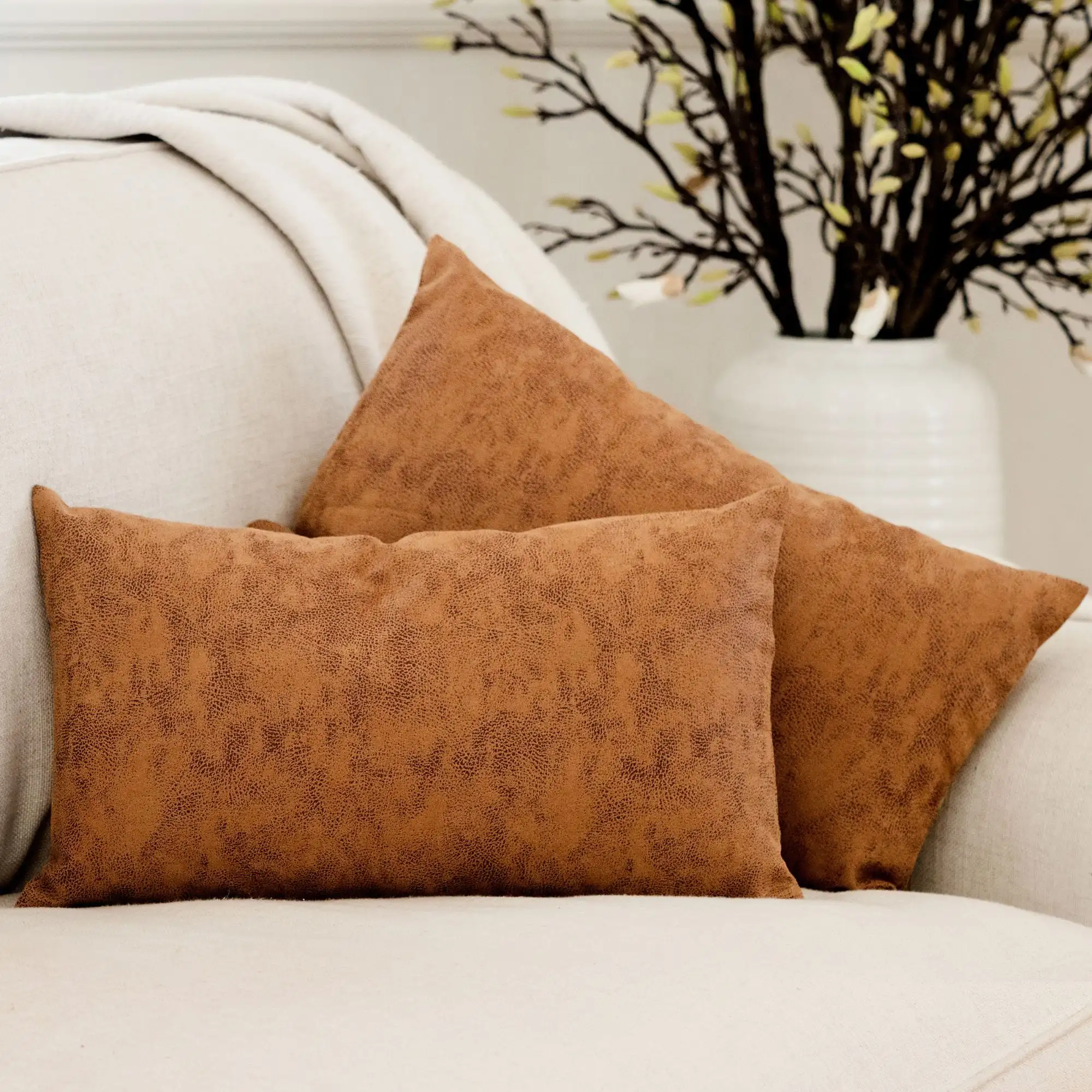 

Set of 2 Faux Leather Lumbar Pillow Covers 12x20, Faux Leather Throw Pillow, Brown Leather Pillow Cover, Boho Lumbar Pillow