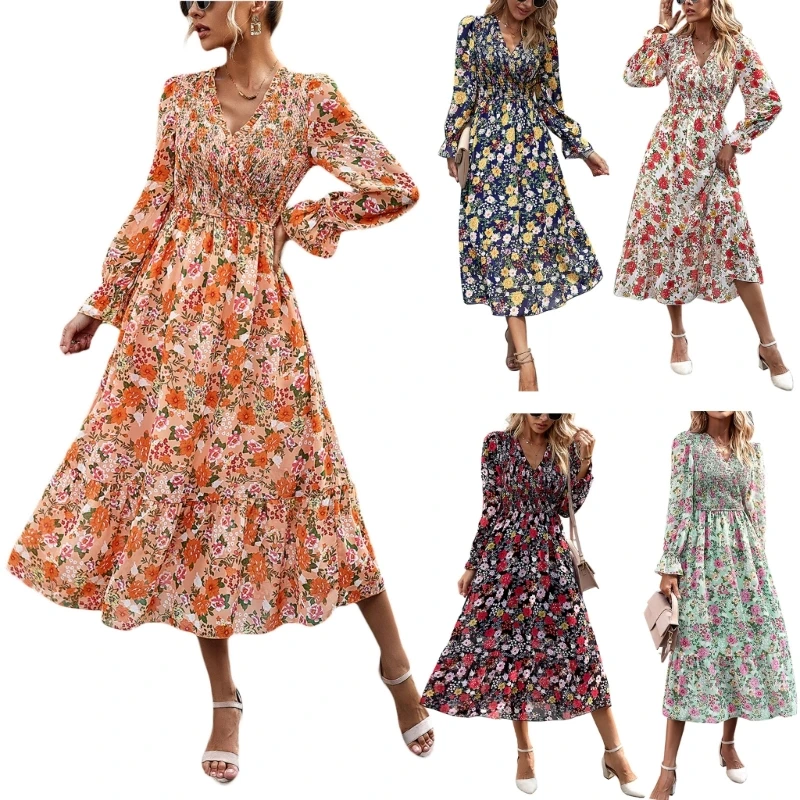 

F42F Womens Bohemian Summer Floral Print Dress Sexy Puff Long Sleeve V Neck Smocked Dress Flowy A Line Long Dress
