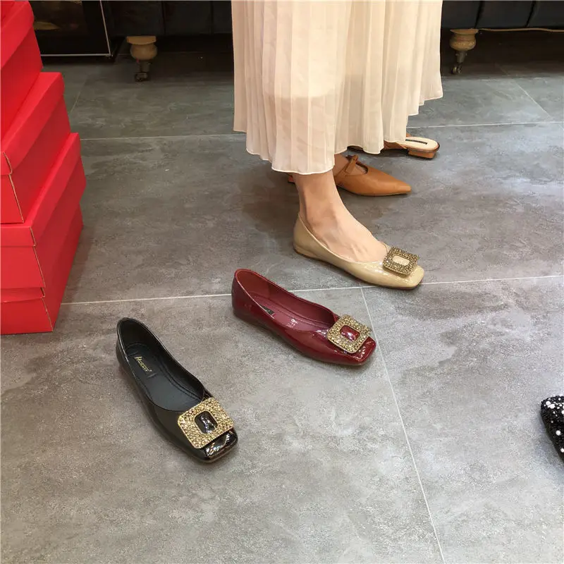 Square Toe Flat Shoes Women Shallow Mouth Patent Leather Rhinestone Square Buckle  Ladies Shoes Spring 2023 New Zapatos De Muje