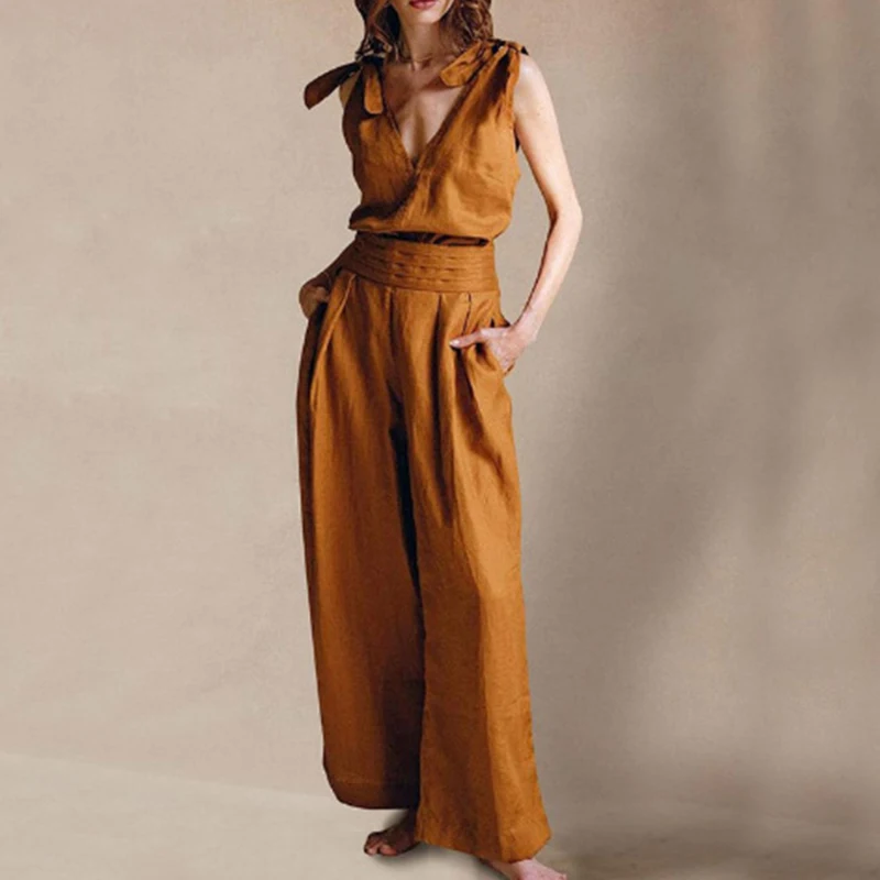 Sexy Double V Neck Backless Tie-up Top and Pocket Pants Outfit Women 2023 Spring Solid Cotton Linen Set Summer Hollow Out Suits