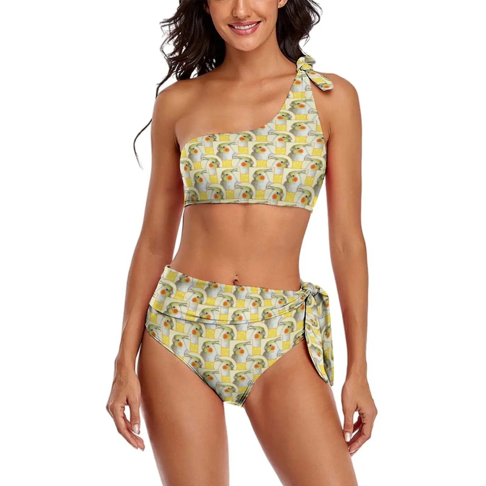 

Yellow Pet Parrot Bikini Set Cute Birds Print Stylish Bikini Swimsuit High Waist Swimwear Rave Swimsuits Big Size Beach Outfits