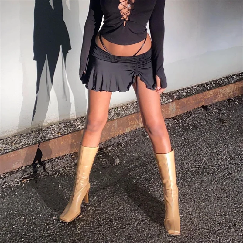 

hirigin E-girl Drawstring Mini Skirt Y2K Aesthetic Low Waist Slim Streetwear Women Summer Sexy Irregular Ruffles Hem Short Skirt