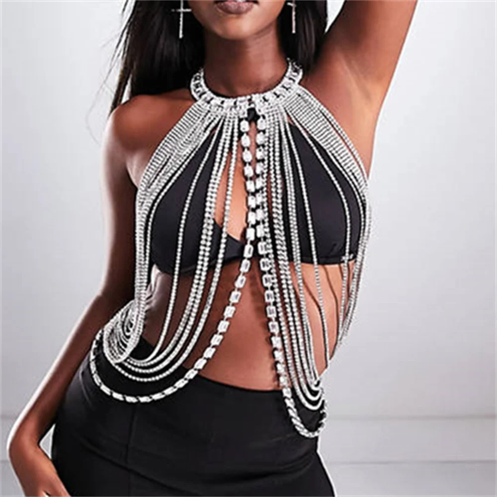 

New pattern Luxurious Personalized Long Tassel Rhinestone Chest Chain Nightclub Style Shining Sexy Body Chain Accessories