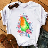 watercolor parrot birds women tshirts pink flowers t shirt femme harajuku shirt plus size t shirt camisetas mujer tops