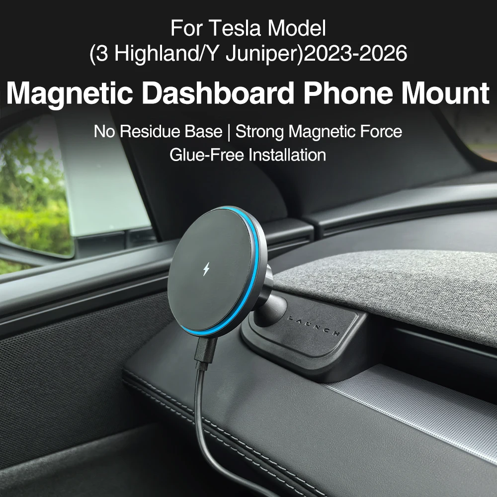 Фото Для Tesla Model 3 Highland/Y Juniper YL 2025-2026: Магнитный держатель для телефона на приборную панель с беспроводной зарядкой и защитой от тряски №3