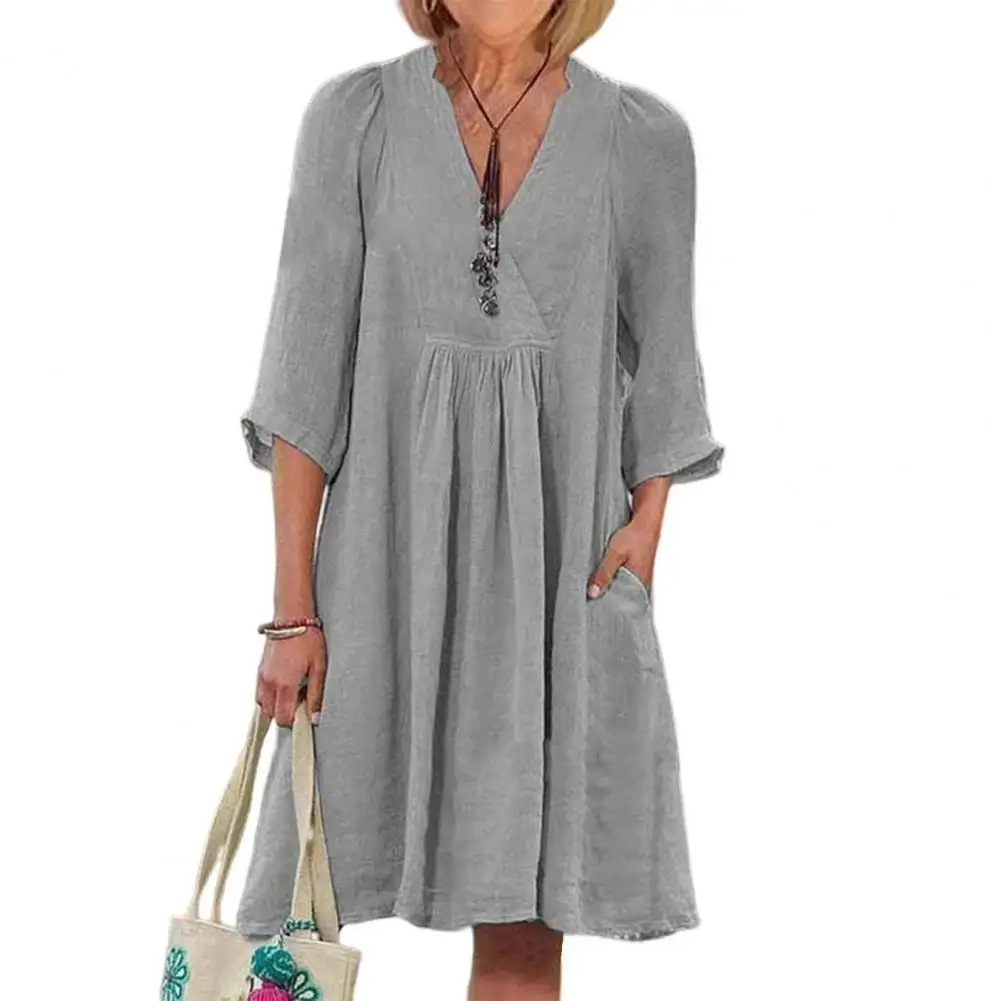 

Платье женское средней длины с V-образным вырезом, свободный однотонный плиссированный пляжный Сарафан до колена, с карманами, с рукавом до локтя, одежда на лето 2023