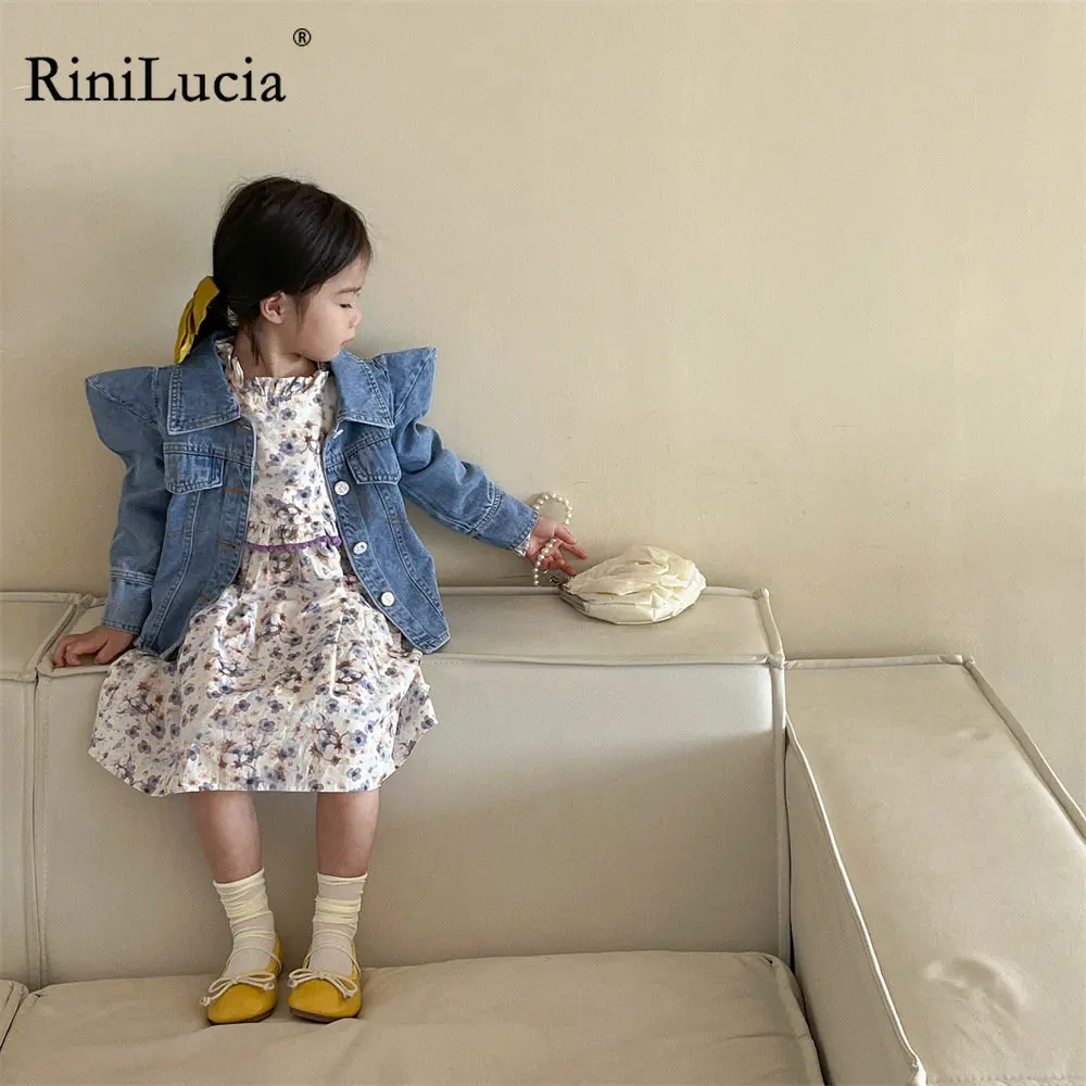 

RiniLucia 2023 New Girls All-match Denim Jackets 2-6 Years Kids Turn-down Collar Long Sleeve Denim Coat Children Girl Loose Tops