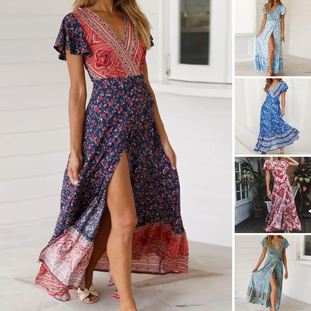 

Vintage Chic Vestidos Wrap V-neck Lace-up Split Hem Maxi Dress Bohemian Floral Print Short Sleeve Women Dress Ladies Clothing