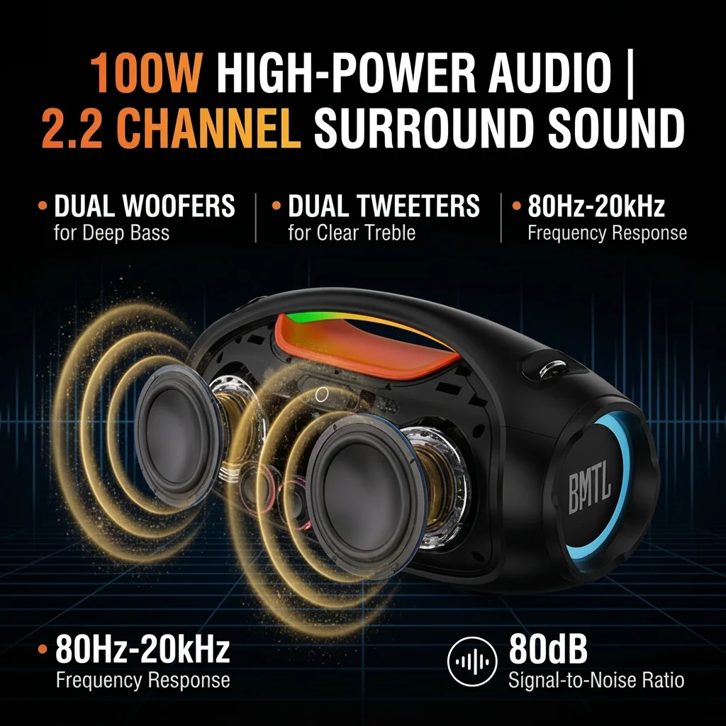 Фото Беспроводная колонка BMTL Boom II 80-100W для улицы, Bluetooth-плеер, водонепроницаемый портативный сабвуфер, аудиоколонка. №5
