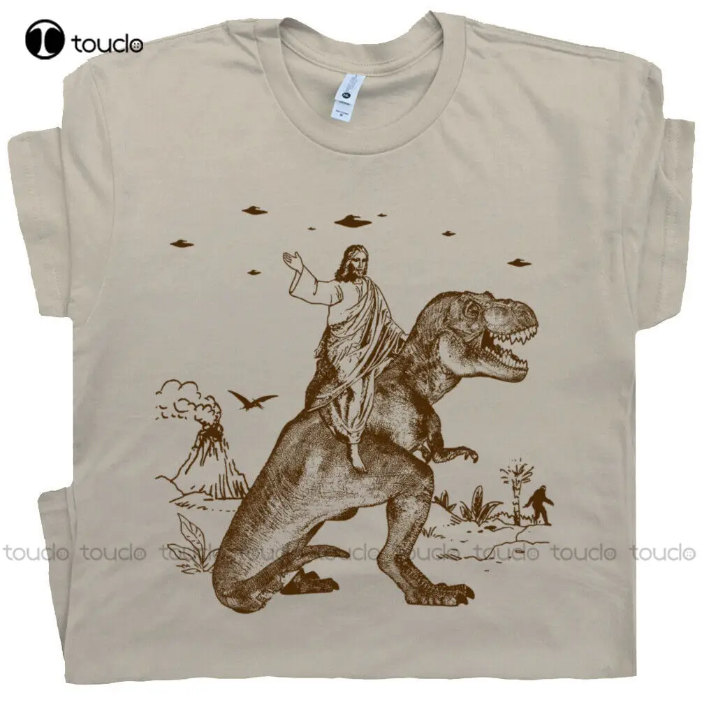 

Jesus Riding Dinosaur T Shirt Funny Offensive Ufo Vintage Men Women Novelty Tee White Button Down Shirt Women Xs-5Xl New Cotton