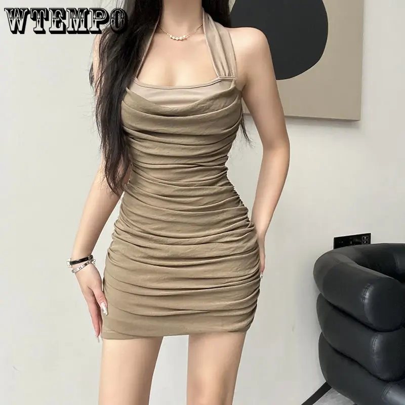 

Halter Neck Tight Dress Khaki Slim Sexy Hotsweet Women Sleeveless Folds Splicing Folds Sheath Office Lady Korean Fashion Summer