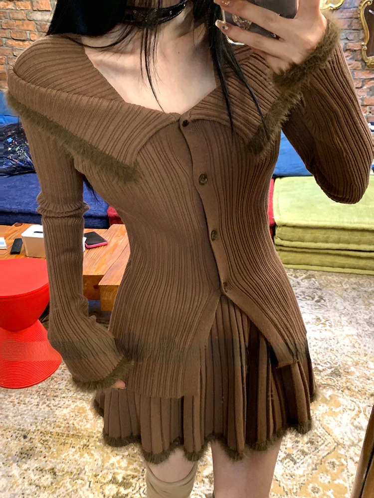 

2023 Winter Korean Fashion Knitted Suit Women Outwear Casual Slim Sweater + Y2k Mini Skirt Pure Color Elegant Sets Office Lady