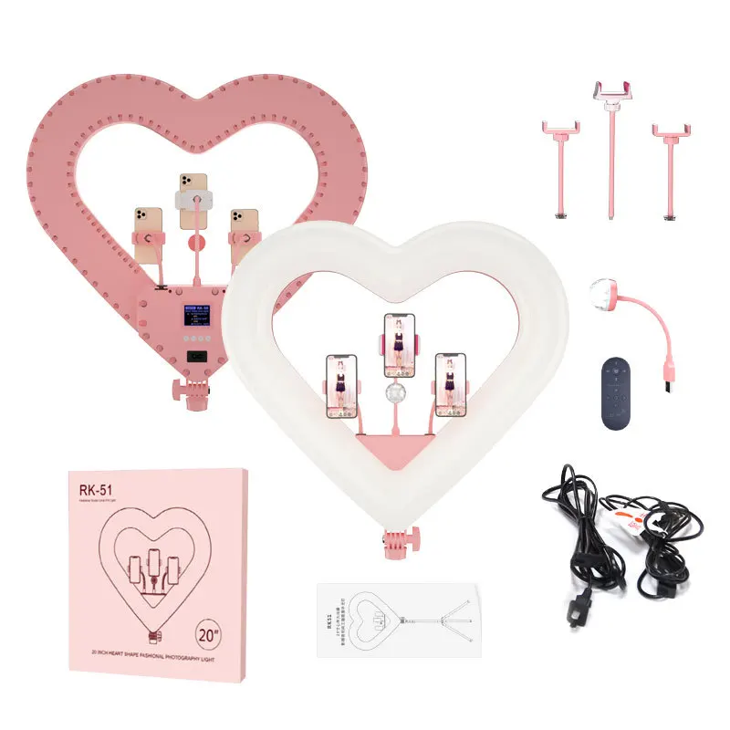 

Biumart Heart Shaped Fill Light For Live Streaming Makeup TikTok Vlog Ring Lamp LED Selfie Lights With Tripod Stand Phone Holder