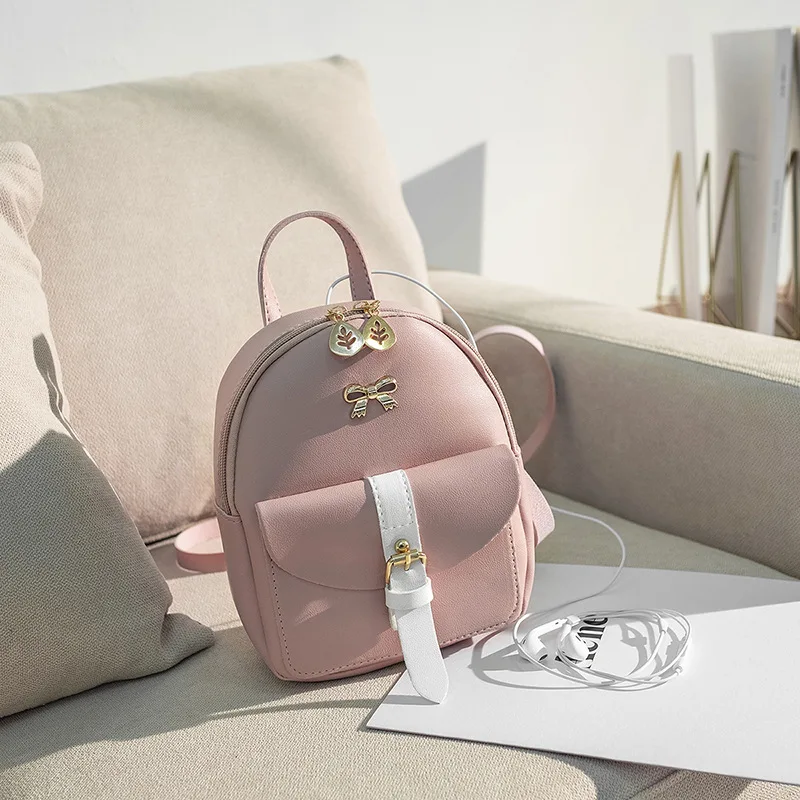 

Mini Backpack Luxury PU Leather Kawaii Backpack Cute Small School Bags Girls Shoulder Bag Bow-knot Leaf Hollow Zipper Phone Bag