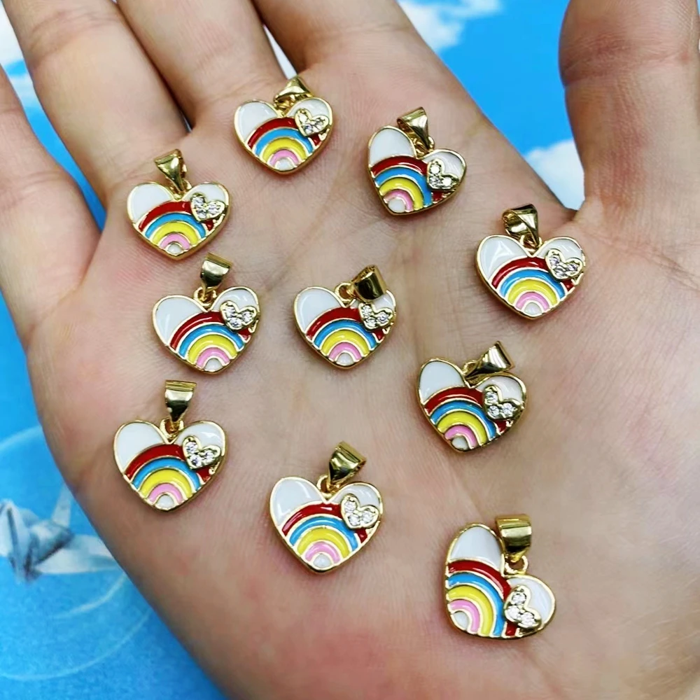 

10PCS, Rainbow Love Heart Pendant For Jewelry Making Gold Beautiful Dangle Charms Star Designer Gold Color Enamel Copper Charm