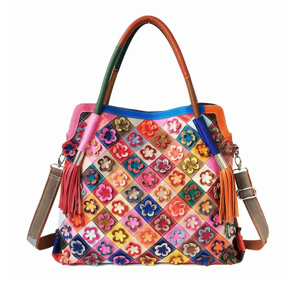 

Motingsome Oversized Cowhide Woman Tote Leather Patchwork Flower Appliques Multi Color Handbag Big Bag Autumn and Winter 2022
