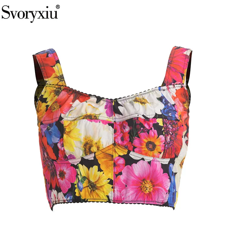 

Svoryxiu Fashion Designer Summer Spaghetti Strap Cotton Short Vests Tops Women's Square Collar Backless Floral Print Slim Vests