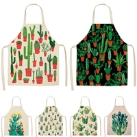 1pcs cactus pattern kitchen apron for woman sleeveless cotton linen aprons home cooking baking bibs cleaning tools 5365cm p1013