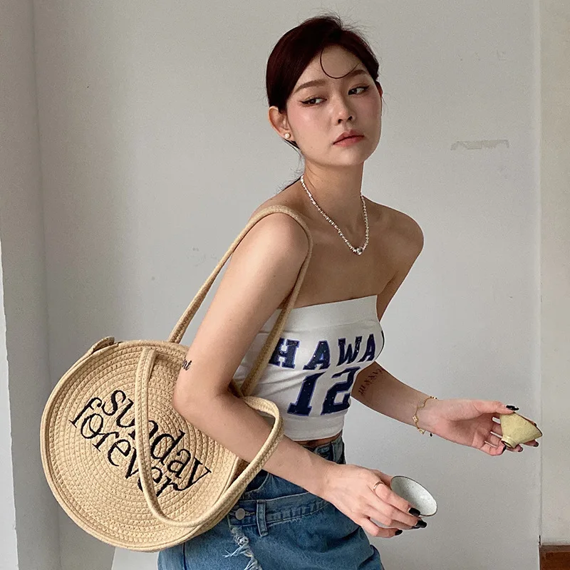 

Women Handmade Cotton Rope Woven Bag Female Round Embroidery Letters Straw Bag Korean Ins Shoulder Tote Bag Summer Beach Bag