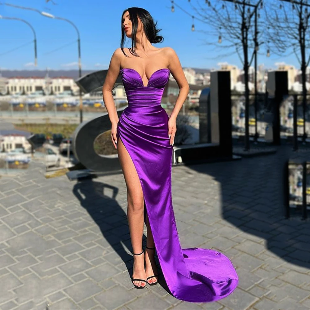 

UZN Sexy Satin Mermaid Prom Dress Sleeveless Sweetheart Long Evening Dress Robe De Bal Sexy High Slit Dubai Prom Gowns