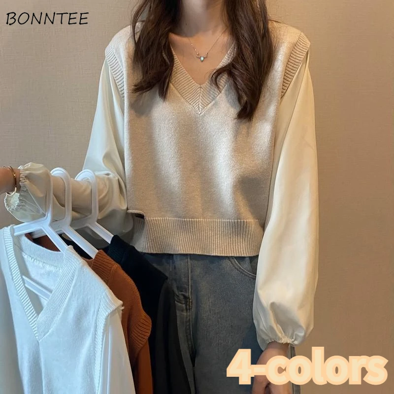 

Lantern Sleeve Pullovers Women Patchwork Vintage Fashion Loose Leisure All-match Cropped Streetwear Elegant Autumn V-neck Chic