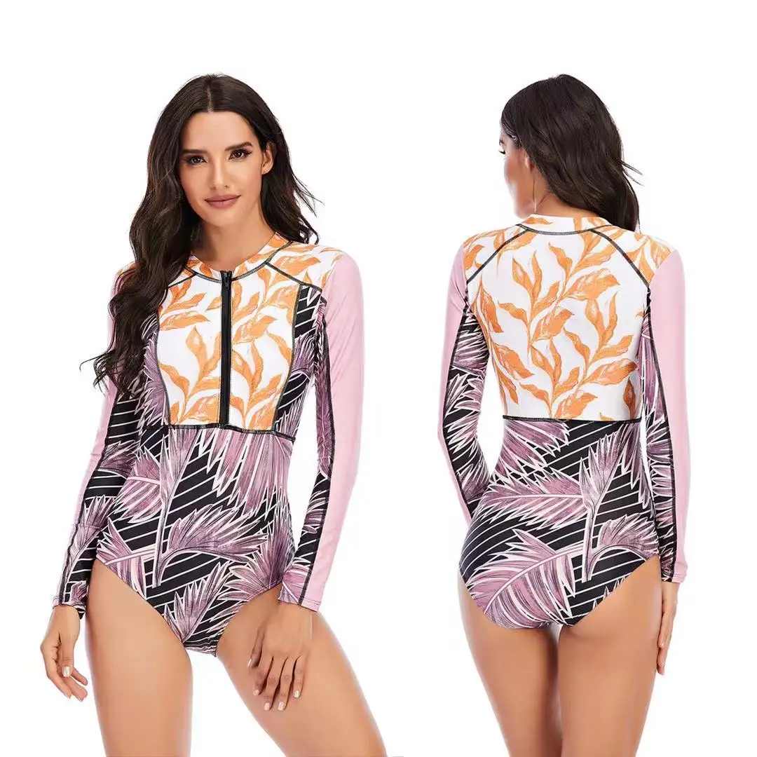 

2022 Good One Piece Swimsuit Long Sleeve Swimwear Women Print Floral Bathing Suit Bathing Suit Beachwear UPF 50+