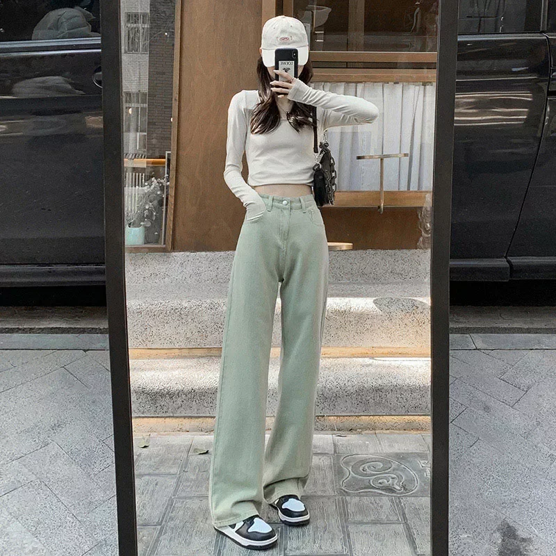 

Green Women Jeans High Waist Loose Straight Leg Femme Jean 2022 Spring Fashion Y2k Casual Streetwear Female Pants Baggy Trouser