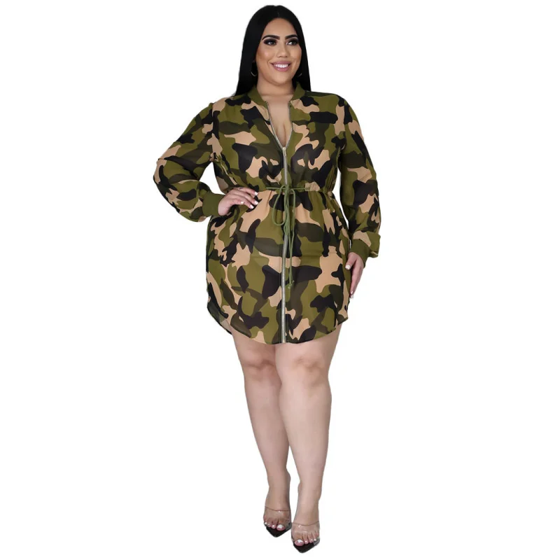 Plus Size New Women's Camouflage Printing Strap Slim Fit Relaxed Fashion Large Size Dress with Waist Clos 3xl 4xl 5xl 6xl