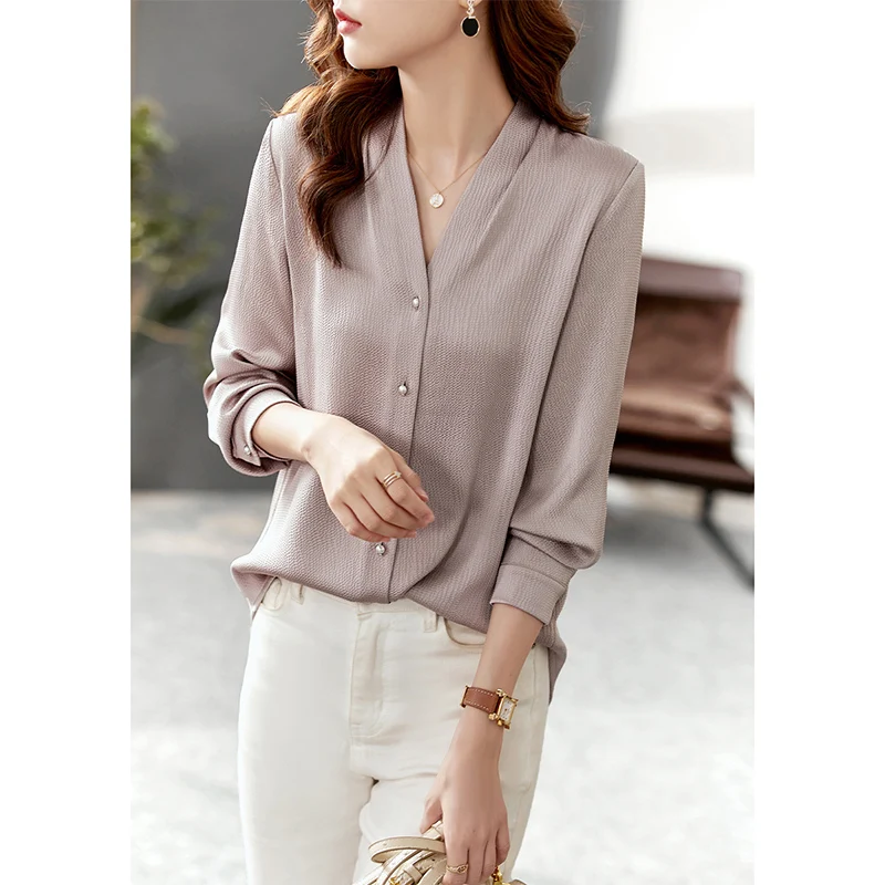 

Vimly Blouses Early Autumn Women 2022 New French Style Elegant Temperament Office Lady V-Neck Long Sleeve Clothing Tops V5966