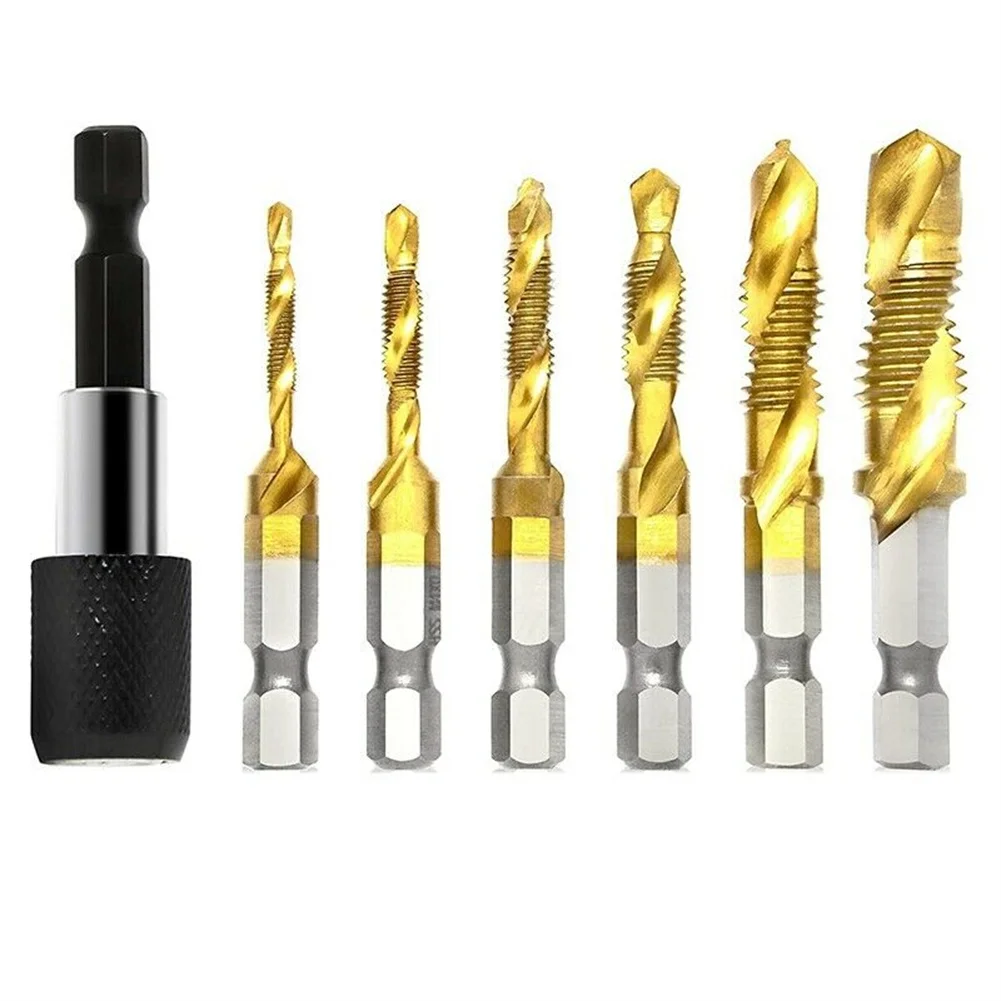 

& Tap Bit Set Combination Drill 3-In-1 7Pcs Coated Screw Gold + Black Hex