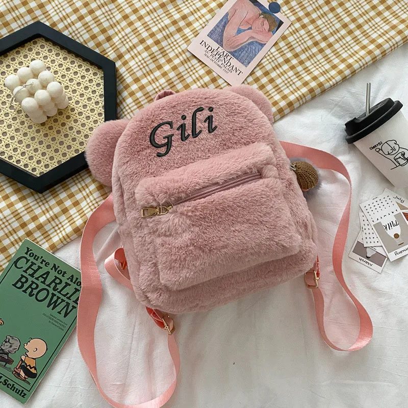 Embroidered Custom Name Kawaii Plush Bunny Backpack Faux Fur Mini Backpack Rabbit Ear Women Travel Shoulder Bags Plush Backpack