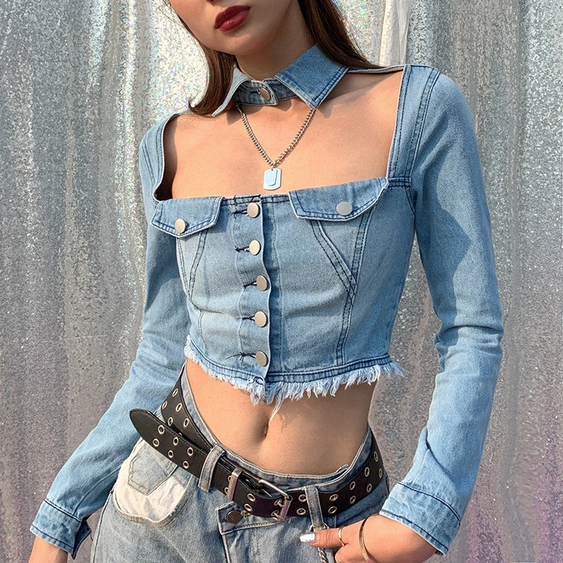 Купи Harajuku Hollow Out Long Sleeve Short Jeans Tops Streetwear Denim T-Shirts Women Retro Ripped Single-Breasted Sexy Shirts Female за 1,342 рублей в магазине AliExpress