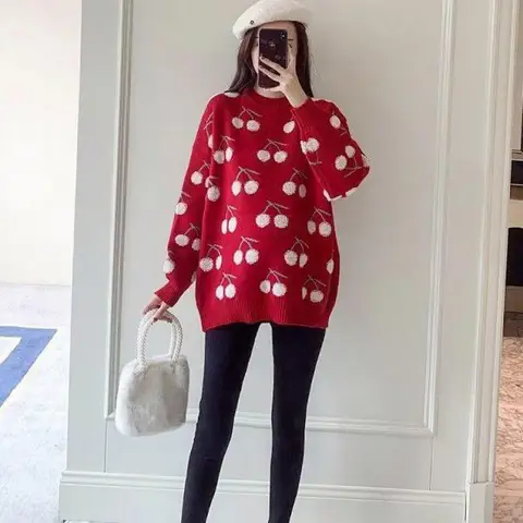 Красный свитер в стиле Харадзюку с вишневым принтом, женская осенне-зимняя одежда, повседневная уличная одежда в иностранном стиле, пуловер, топ