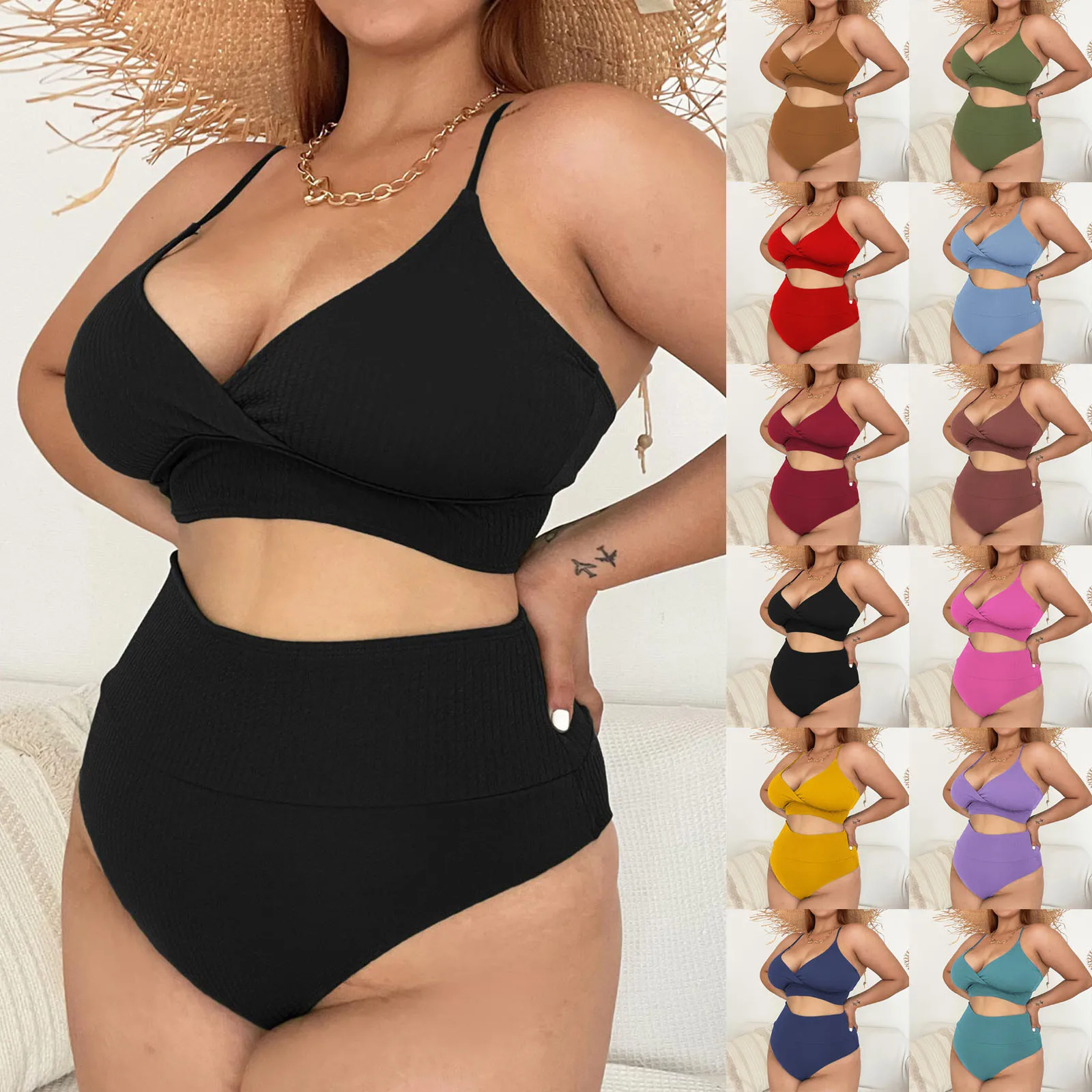 

Plus Size High Waist Bikinis Swimwear Women Swimsuit Ribbed Sexy Bikini Woman 2022 Green Bathing Suit High Cut Beach Wear Summer